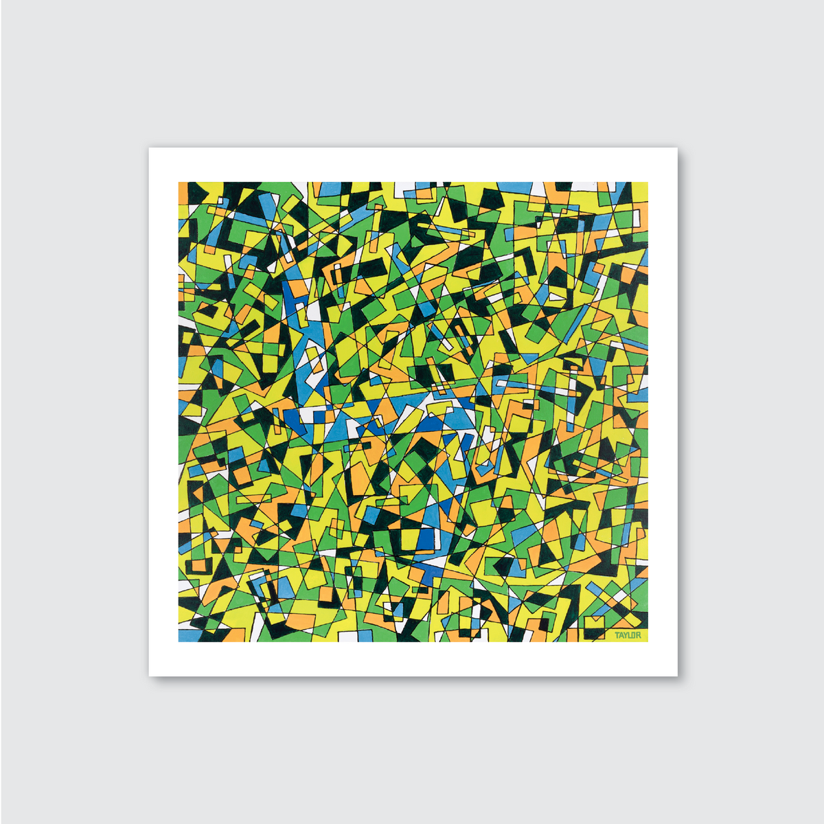 Abstract mosaic art print with green, blue, and yellow colors on a white background