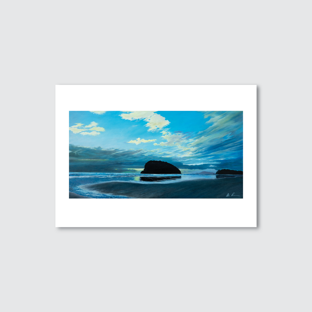 Art print of Whangamatá, featuring a east coast town on the southeast coast of the Coromandel Peninsula in New Zealand, with a representation of Hauturu Island at dusk.