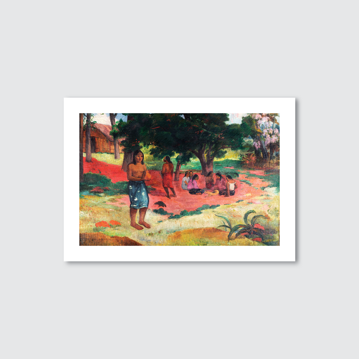 A vibrant art print depicting Tahitian women seated under a tree in a lush tropical setting, with a radiant sky in the background.