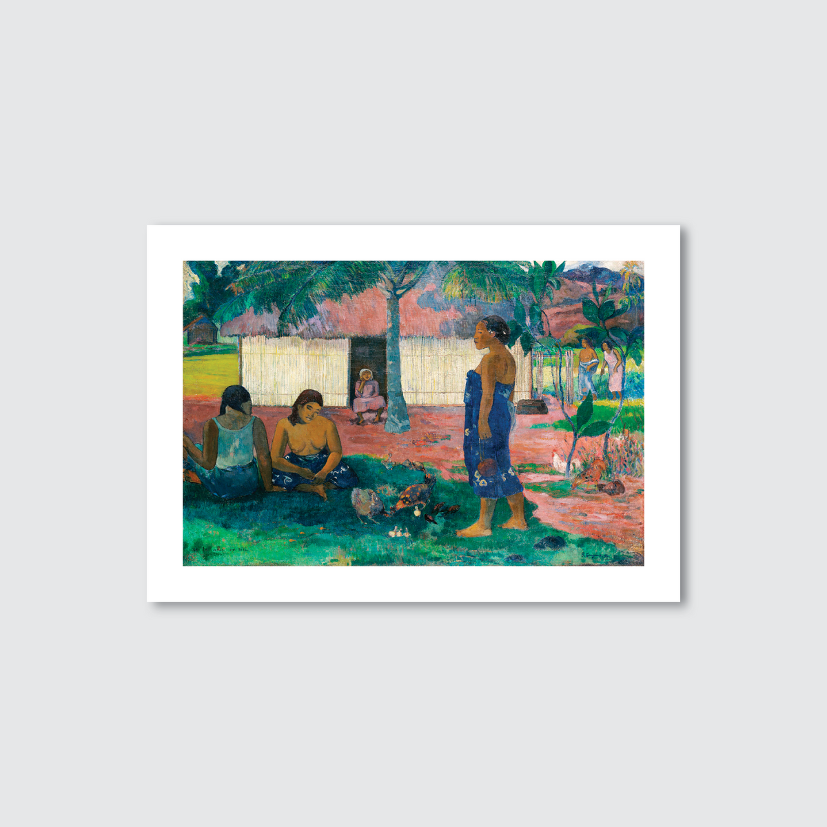A vibrant art print featuring two Tahitian women seated on the ground in a tropical setting, with a dreamlike sky and lush foliage in the background, rendered in rich colors and expressive brushstrokes.