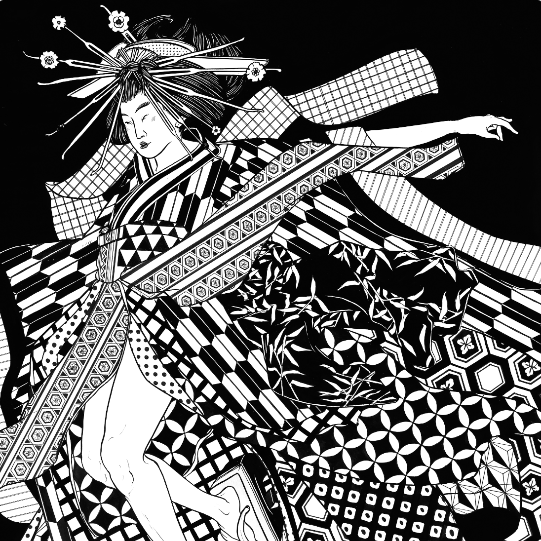 Intricate black and white abstract graphic artwork featuring complex geometric patterns by Miki Nozomi.