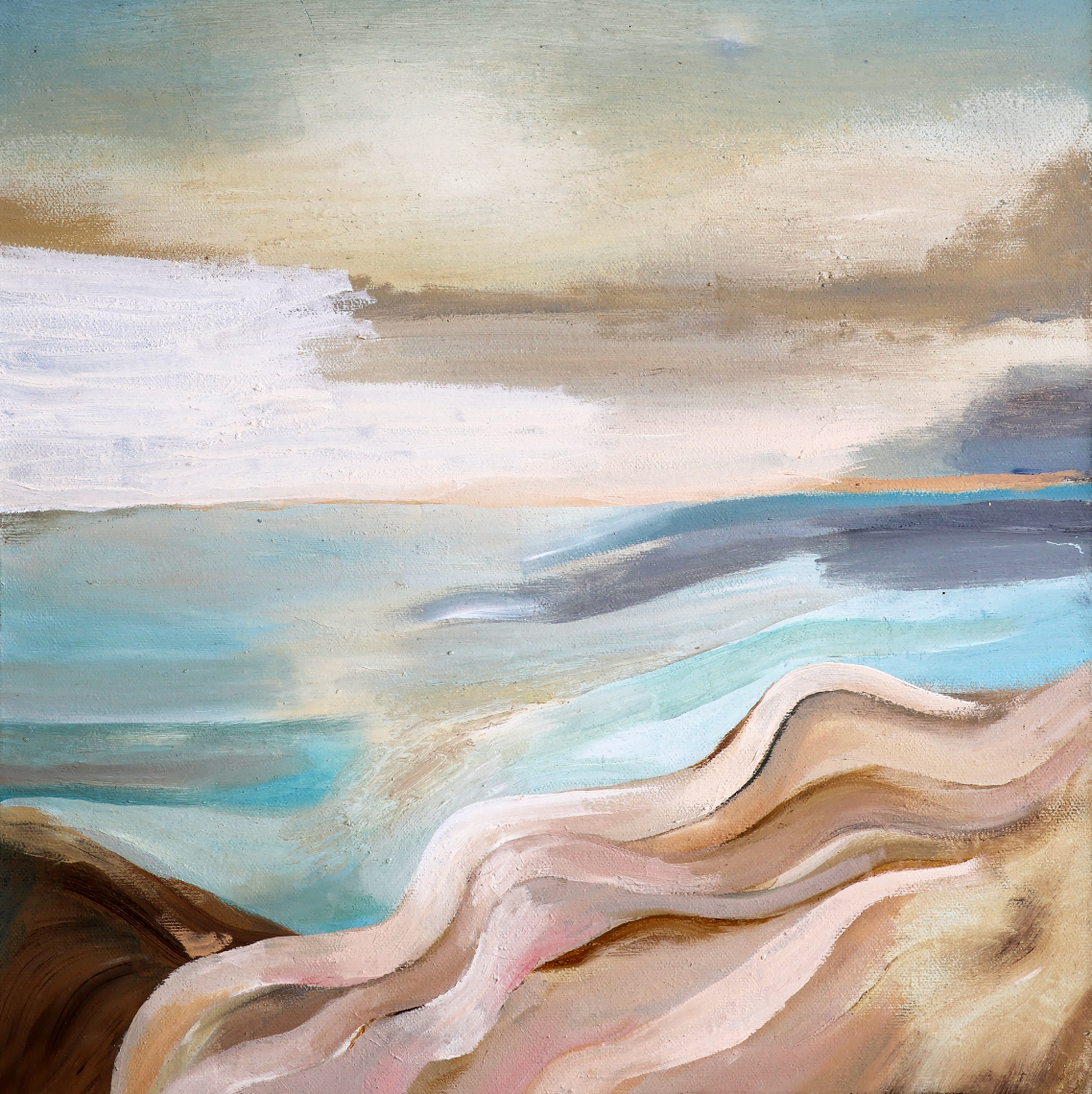 Abstract impressionist landscape painting of ocean waves and a sandy shoreline by artist Kyra Rousselle.