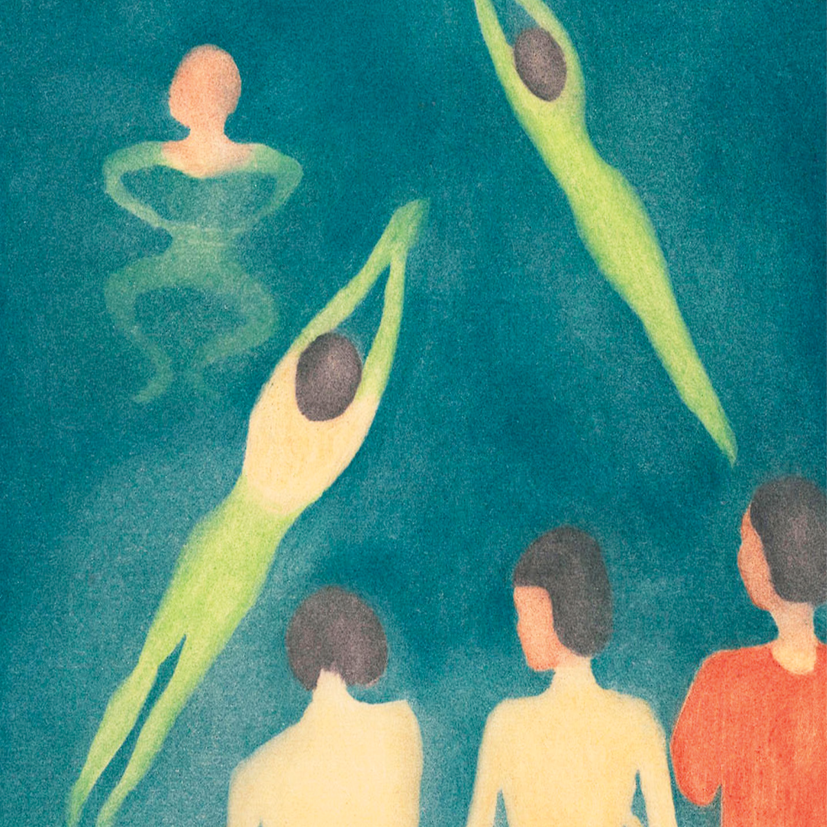 Stylised fine art painting of figures swimming in deep teal water by expressionist artist Edvard Munch.