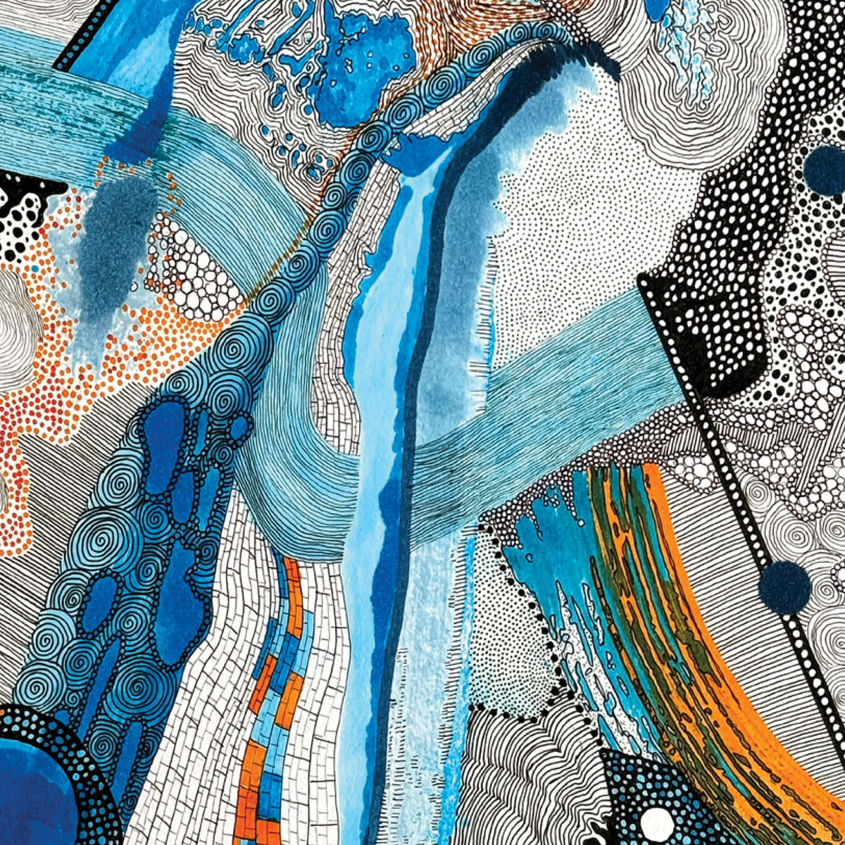Vibrant abstract multimedia artwork with intricate blue and orange textures by contemporary artist Katie See