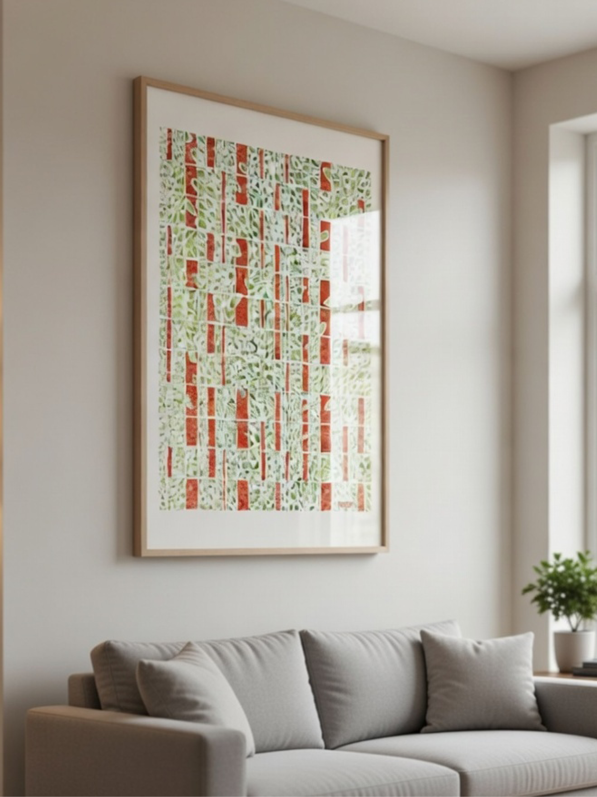 Large framed abstract pattern art print on a neutral wall with window shadows above a grey sofa.