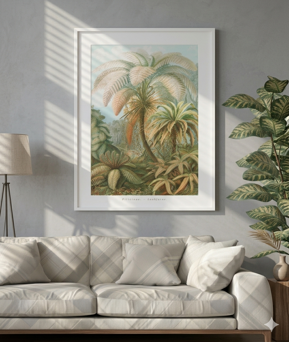 A framed vintage botanical print of green palm ferns hanging on a neutral concrete wall above a modern plaid sofa, with sharp geometric window shadows casting light across the room.