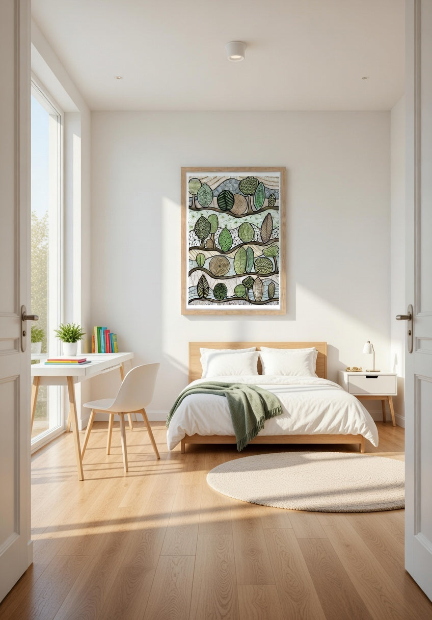 Framed colorful whimsical tree print hanging on a neutral wall in a bright, modern children's bedroom.