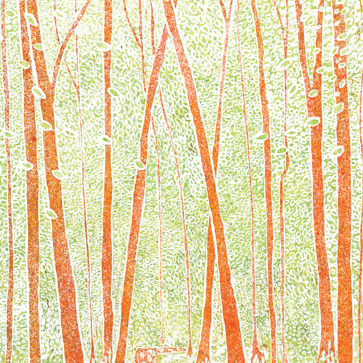 Abstract print featuring slender orange tree trunks against a speckled green background by Philip Taylor.