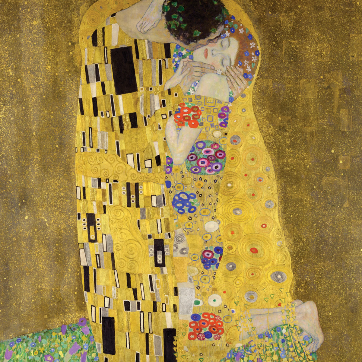 Detail of the famous golden, patterned oil painting The Kiss by symbolist artist Gustav Klimt.