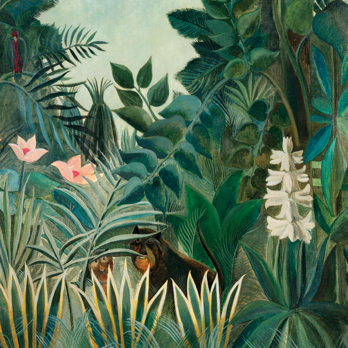 Detail of a lush, vibrant green jungle oil painting featuring dense tropical foliage by Henri Rousseau.
