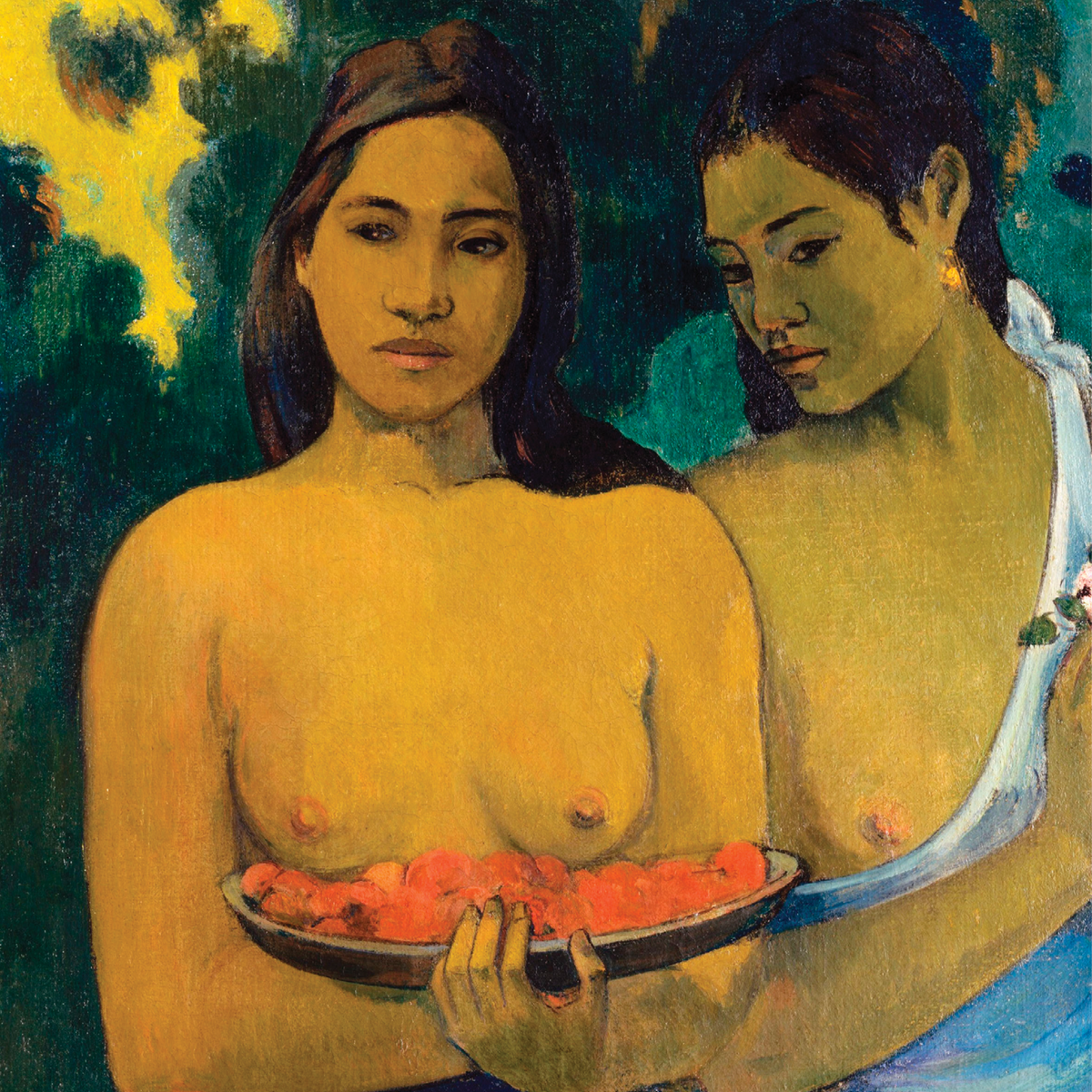 Post-impressionist painting of two women holding fruit in a dark landscape by Paul Gauguin.