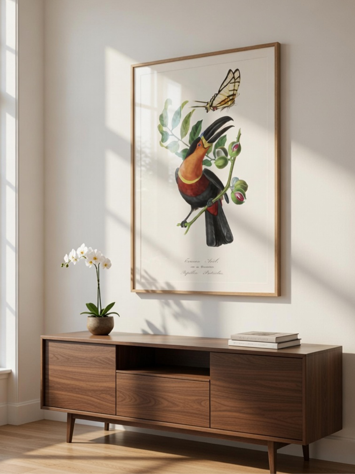 Framed vintage toucan bird illustration print on a sunlit wall above a mid-century walnut credenza.