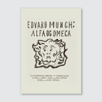 A black and white image of Edvard Munch's 'Alfa og Omega' print, featuring bold, hand-lettered text on a plain background.