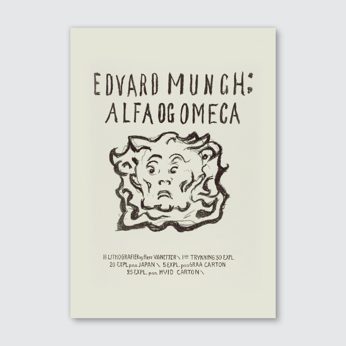 A black and white image of Edvard Munch's 'Alfa og Omega' print, featuring bold, hand-lettered text on a plain background.