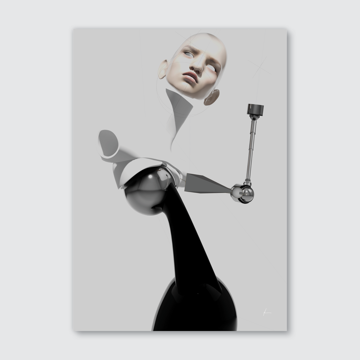 A digital artwork depicting a stylized, futuristic female figure with a neutral gray and white color palette, holding a pose with a cyborg-like appearance, potentially representing the animatronic named Francesca.
