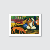 A vibrant art print featuring two Tahitian women sitting, a dog, and a colorful tropical background, titled 'Arearea' by Paul Gauguin.