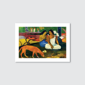 A vibrant art print featuring two Tahitian women sitting, a dog, and a colorful tropical background, titled 'Arearea' by Paul Gauguin.