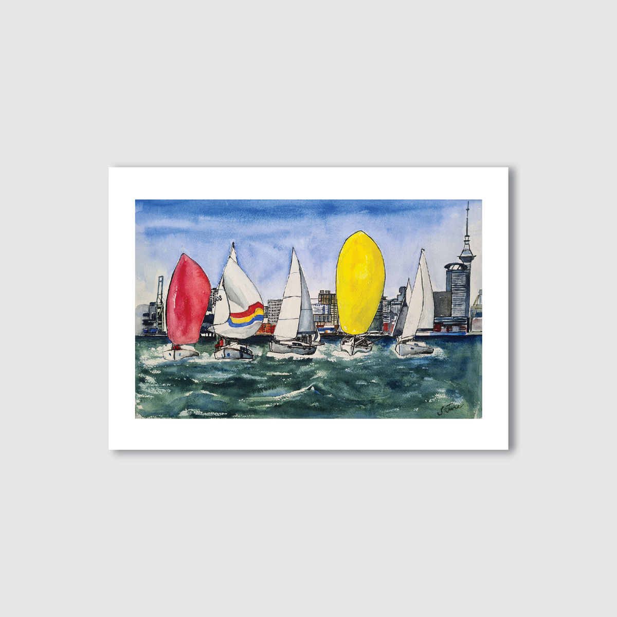 A watercolour and ink illustration of sailing boats in Auckland Harbour with the city skyline in the background.