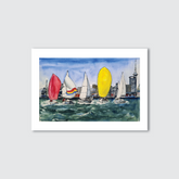A watercolour and ink illustration of sailing boats in Auckland Harbour with the city skyline in the background.