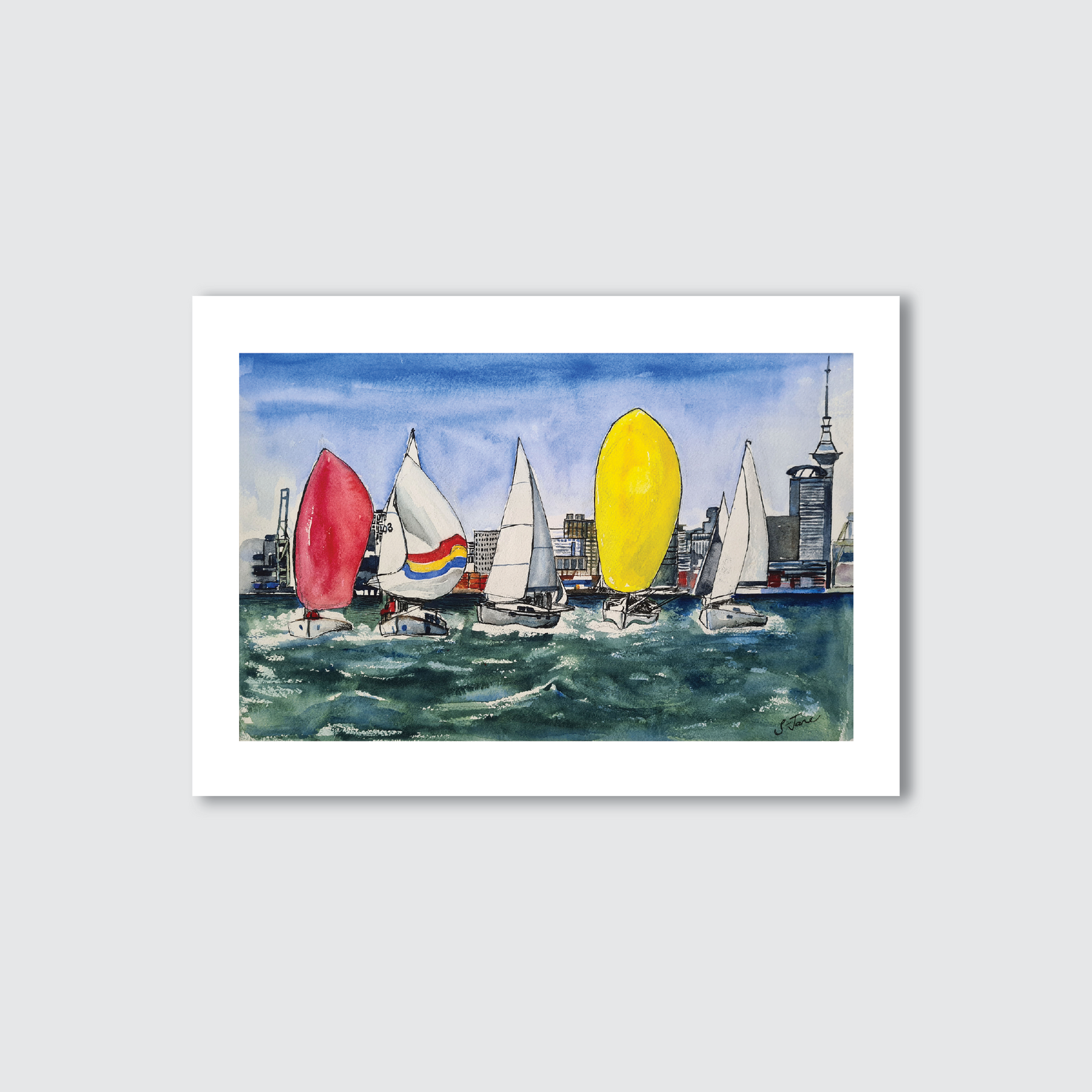 A watercolour and ink illustration of sailing boats in Auckland Harbour with the city skyline in the background.