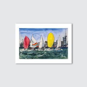 A watercolour and ink illustration of sailing boats in Auckland Harbour with the city skyline in the background.