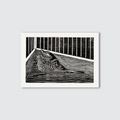 Sparrow bird in the corner, black and white etched print.