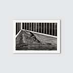 Sparrow bird in the corner, black and white etched print.