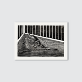 Sparrow bird in the corner, black and white etched print.