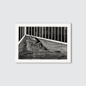 Sparrow bird in the corner, black and white etched print.