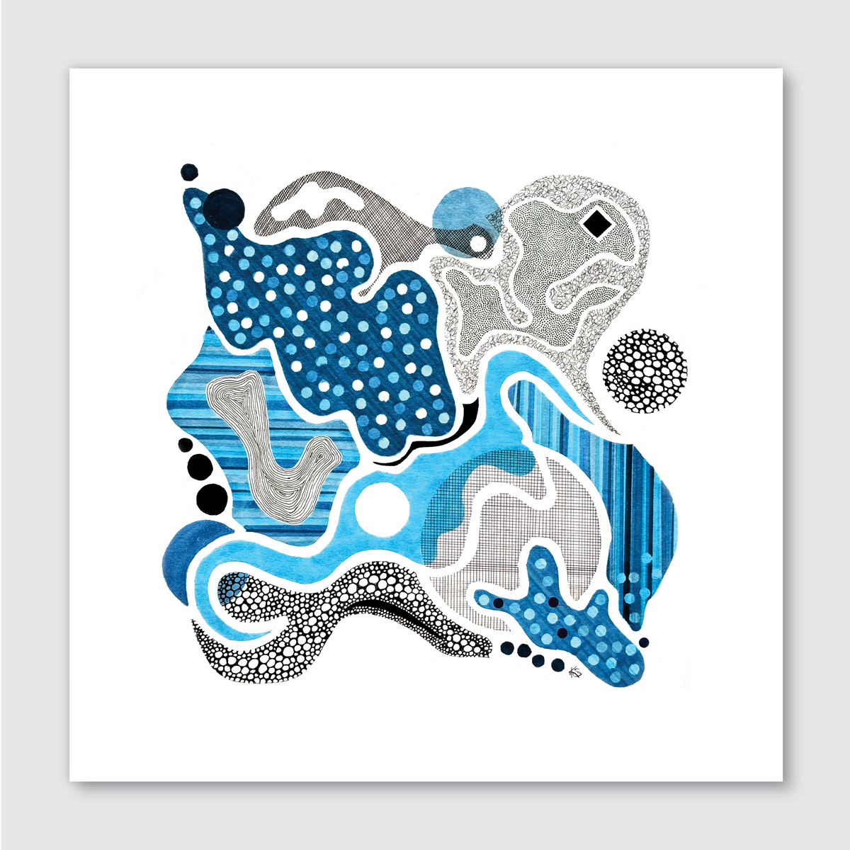 An abstract artwork featuring various shades of blue and white, with intricate patterns and dots, creating a sense of movement and texture.