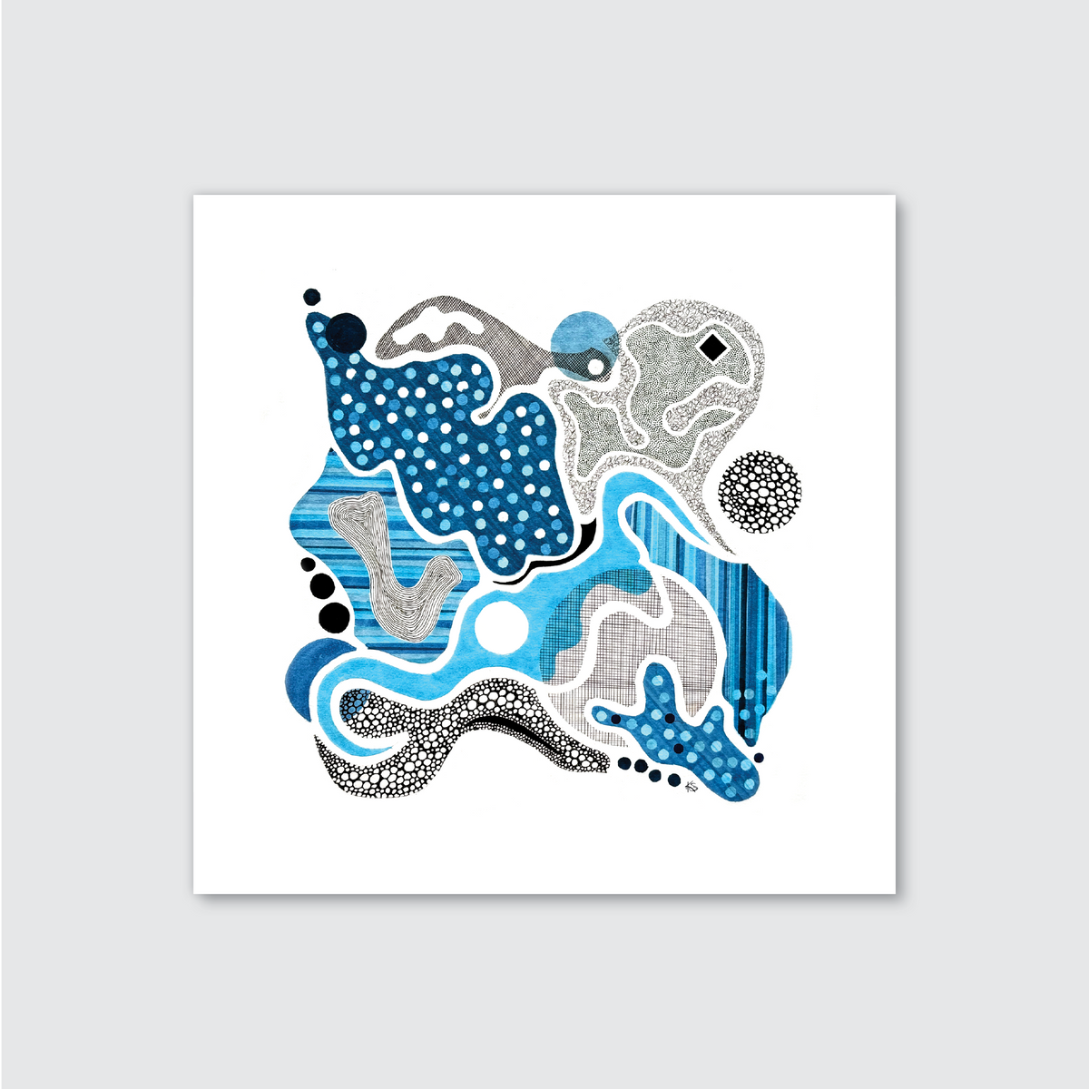 An abstract artwork featuring various shades of blue and white, with intricate patterns and dots, creating a sense of movement and texture.