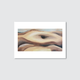 An abstract oil painting on canvas depicting a landscape with smooth, curved rock formations and subtle color variations, primarily in brown tones with accents of blue.
