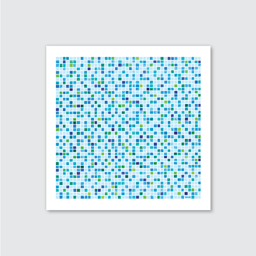 A vibrant abstract artwork consisting of small blocks of blue tones arranged in a square pattern.
