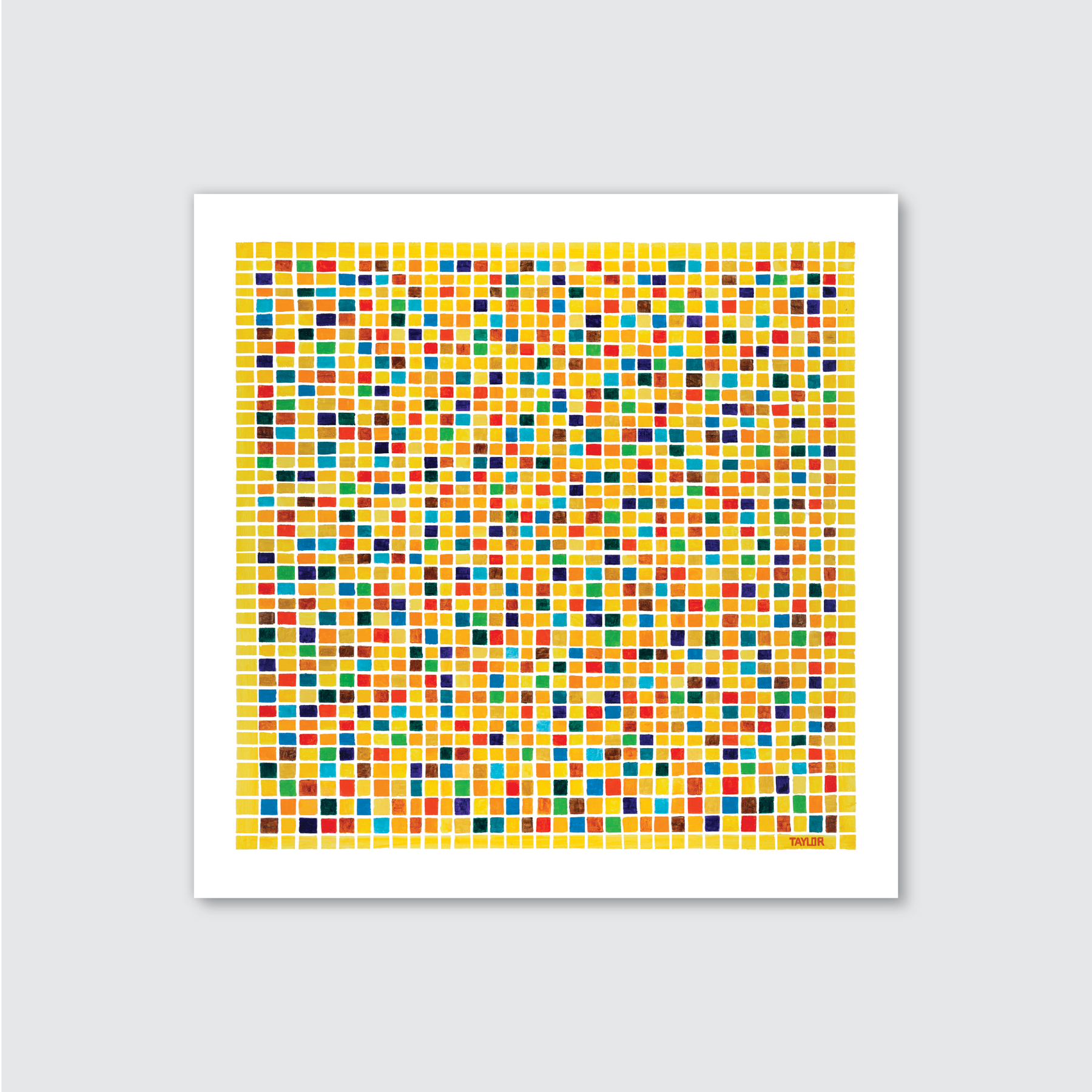 Framed artwork with a colorful geometric pattern on a gray background
