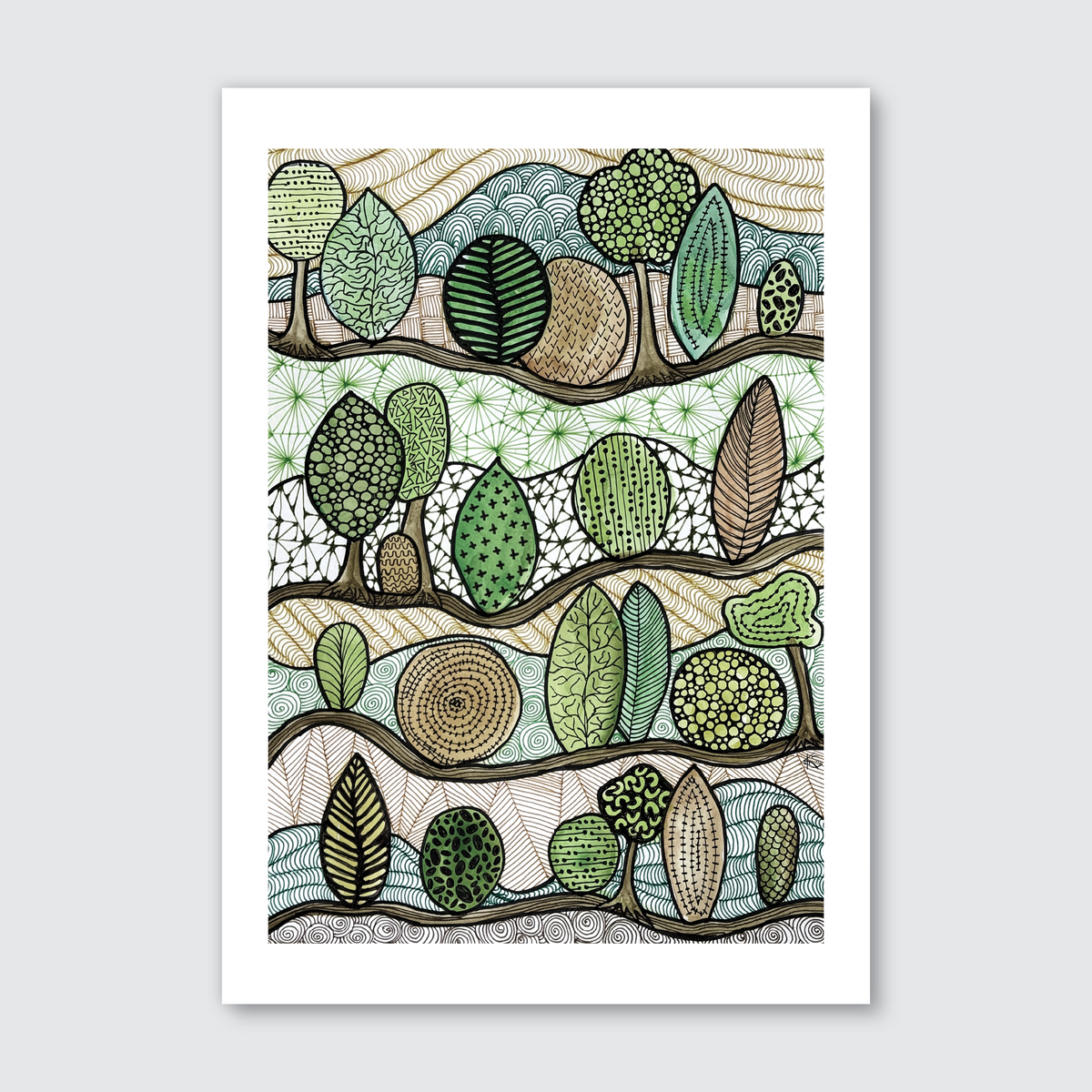 A colorful art print featuring an abstract representation of trees and foliage with playful patterns and textures.