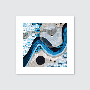 An abstract artwork featuring circular and wave patterns in blue tones with white and darker accents on a square format art paper.