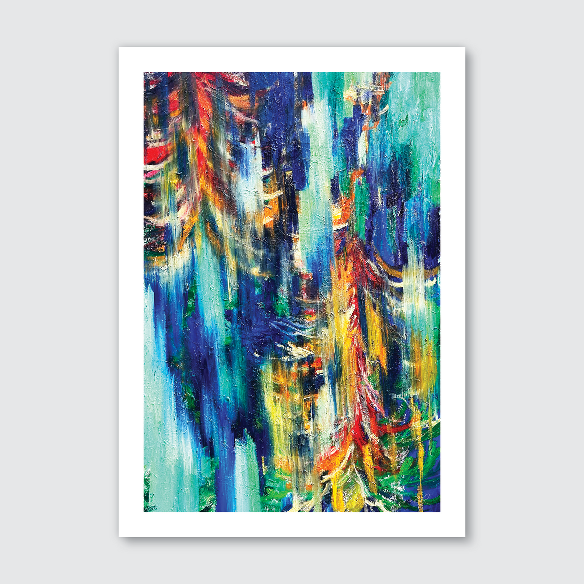 A colorful abstract art print depicting a nature-inspired composition with vibrant colors and dynamic textures.