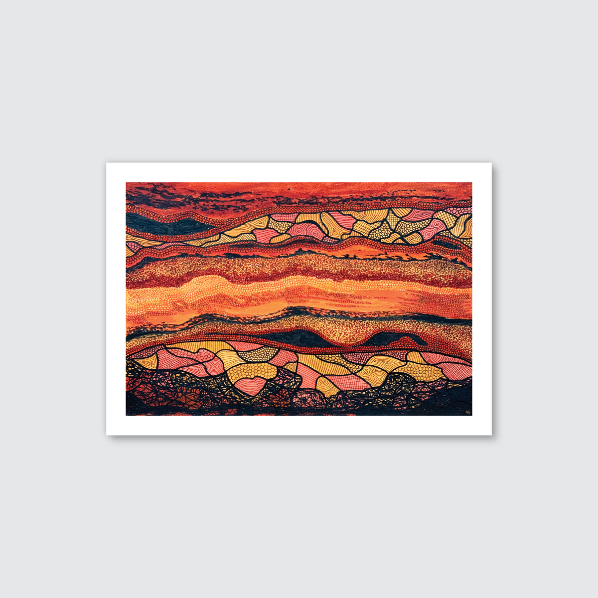 An abstract artwork print featuring layered rock formations with fiery and energy-infused colors, created with marker pens and ink on art paper.