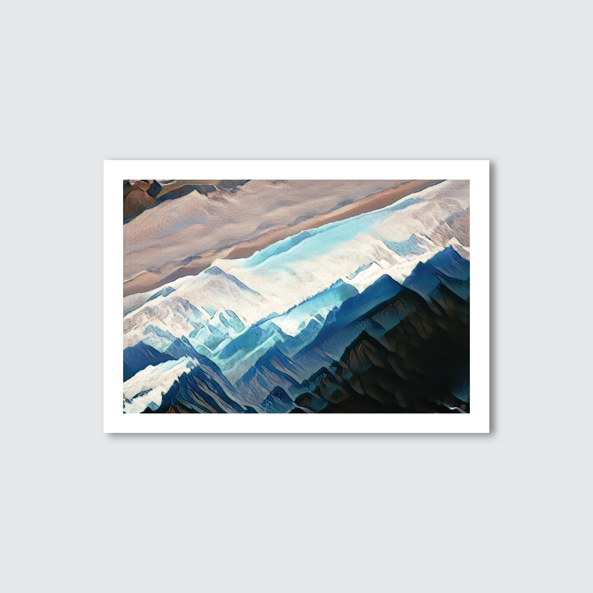 An abstract aerial drone view of a rugged coastal landscape with blue earthy tones.
