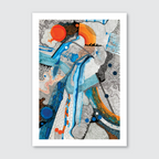 Abstract mixed-media artwork featuring intricate dot patterns, swirling lines, and flowing organic shapes in shades of blue, teal, orange, and black, with dotted mosaic textures and circular motifs evoking energy and movement.