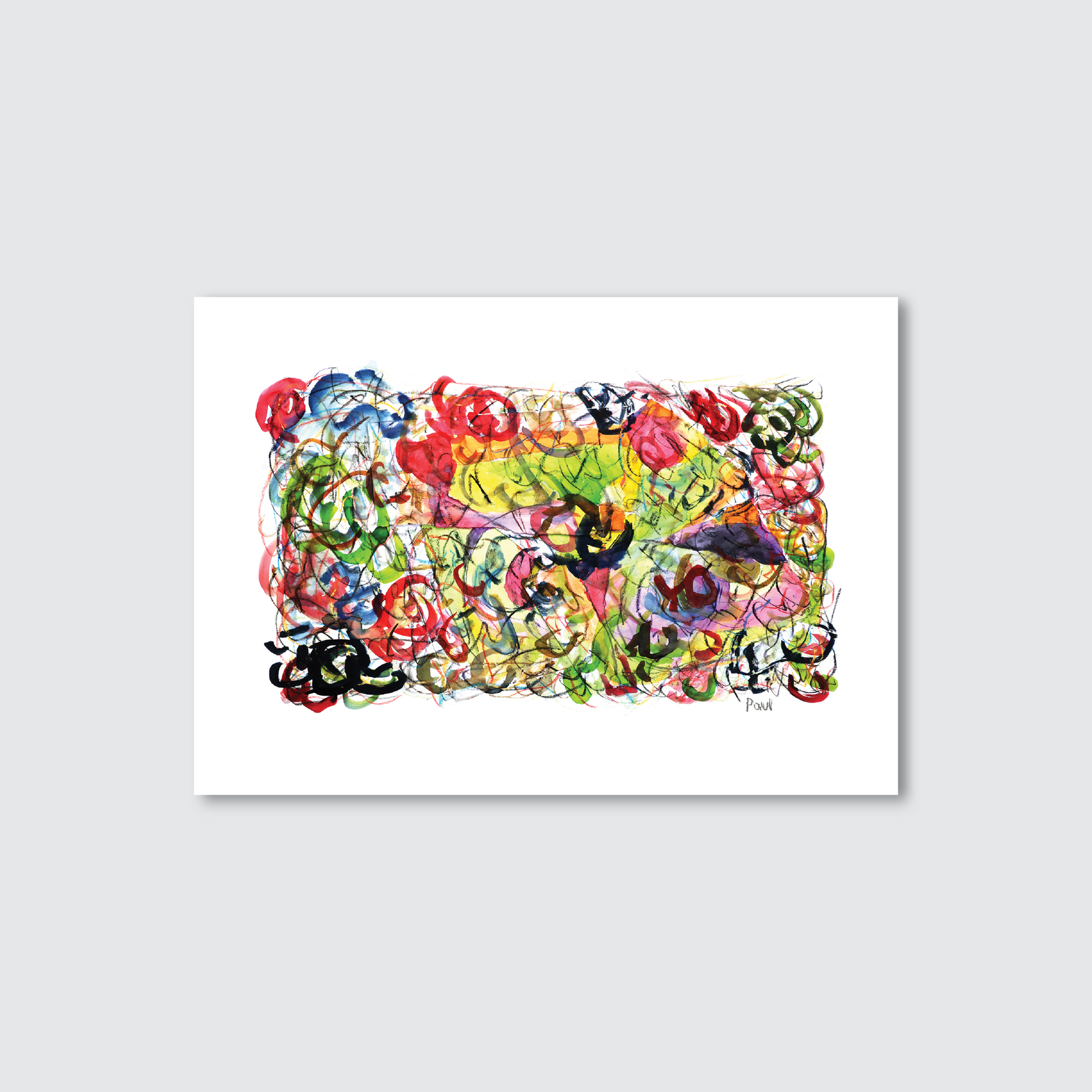 A vibrant abstract artwork featuring a collage of watercolours and oil pastels with a freehand border, creating a sense of movement and lightness.