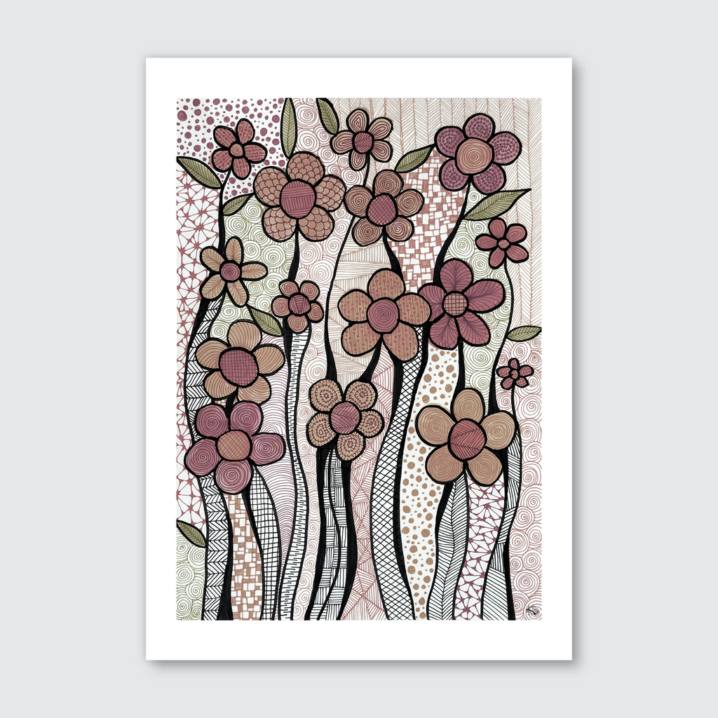 A colorful artwork featuring a playful pattern of sunflowers with brown, pink, and purple petals on a beige background, with artistic lines and dots added for texture.