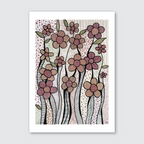 A colorful artwork featuring a playful pattern of sunflowers with brown, pink, and purple petals on a beige background, with artistic lines and dots added for texture.