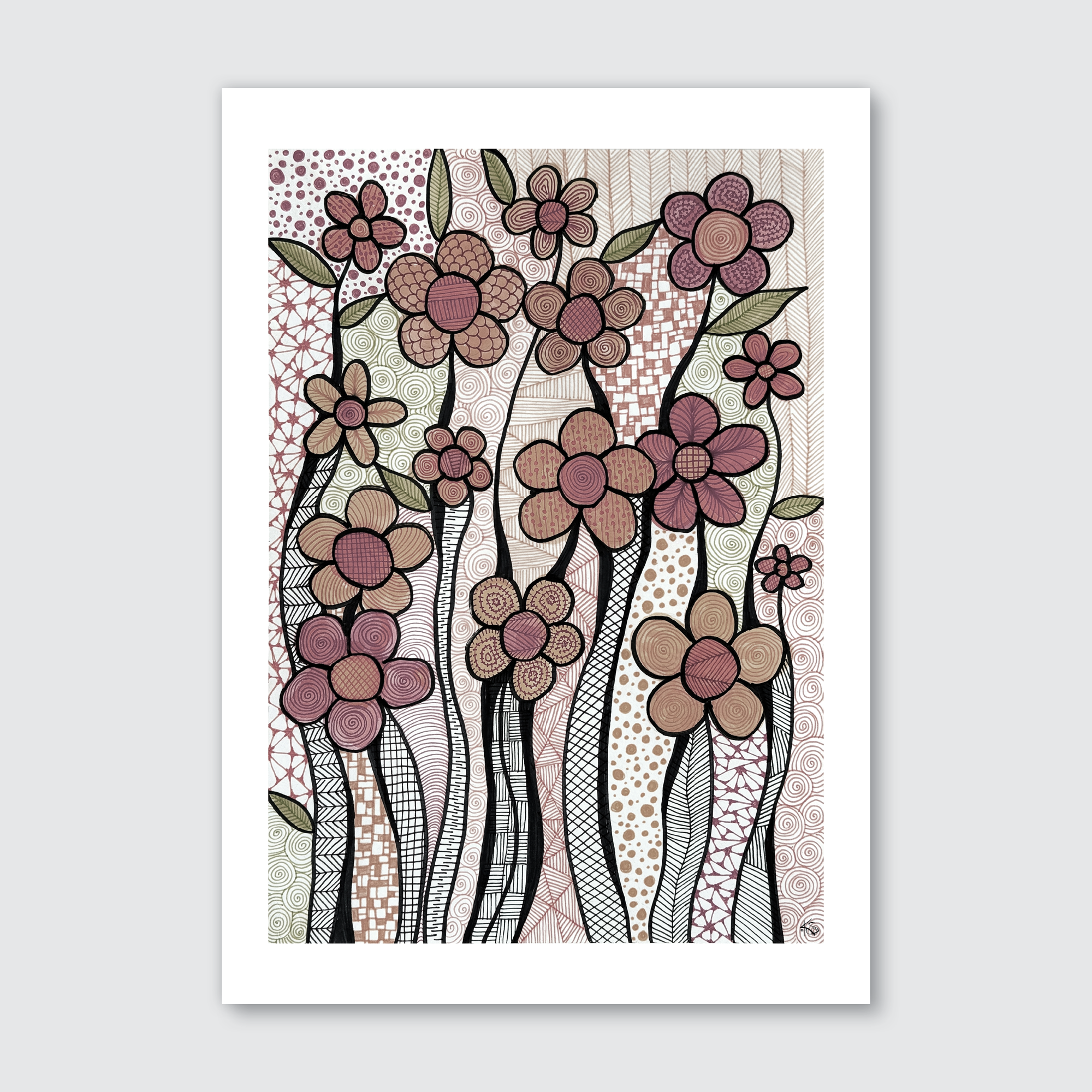 A colorful artwork featuring a playful pattern of sunflowers with brown, pink, and purple petals on a beige background, with artistic lines and dots added for texture.