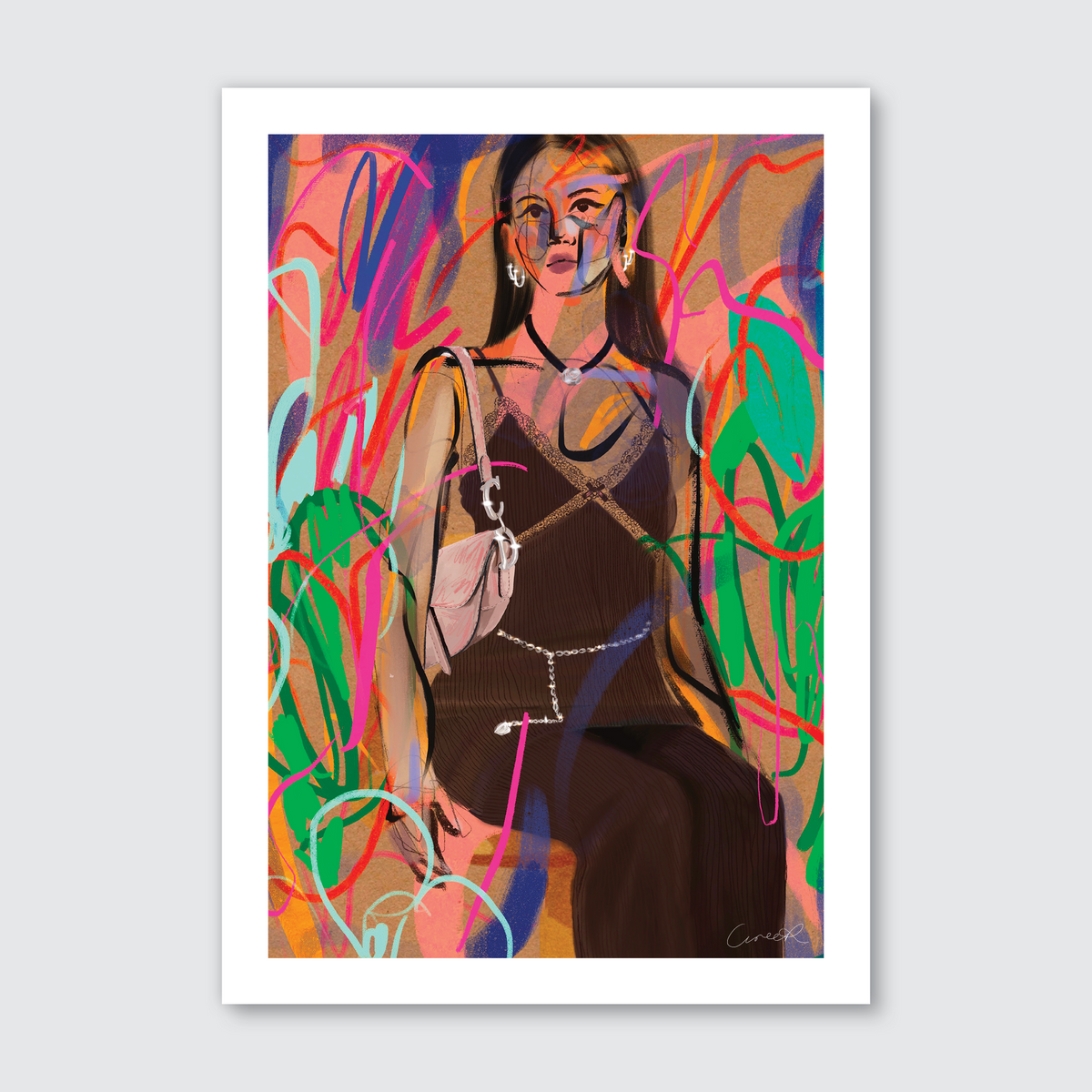 A colorful digital artwork of a woman daydreaming, holding a Christian Dior Saddle Bag, with abstract and vibrant background.