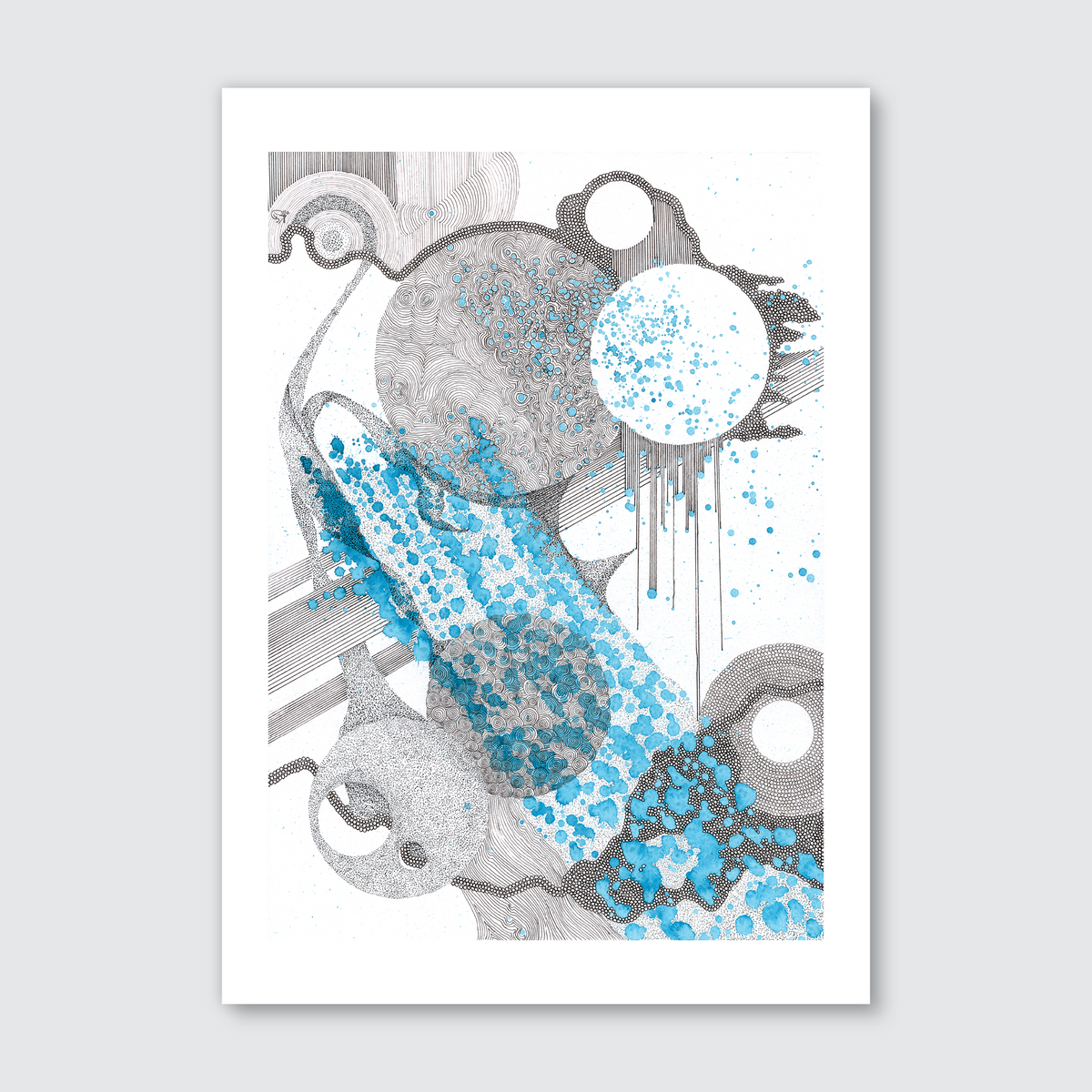 An abstract artwork print featuring blue and gray tones with intricate patterns and splashes, titled 'Delicate Pathways'.