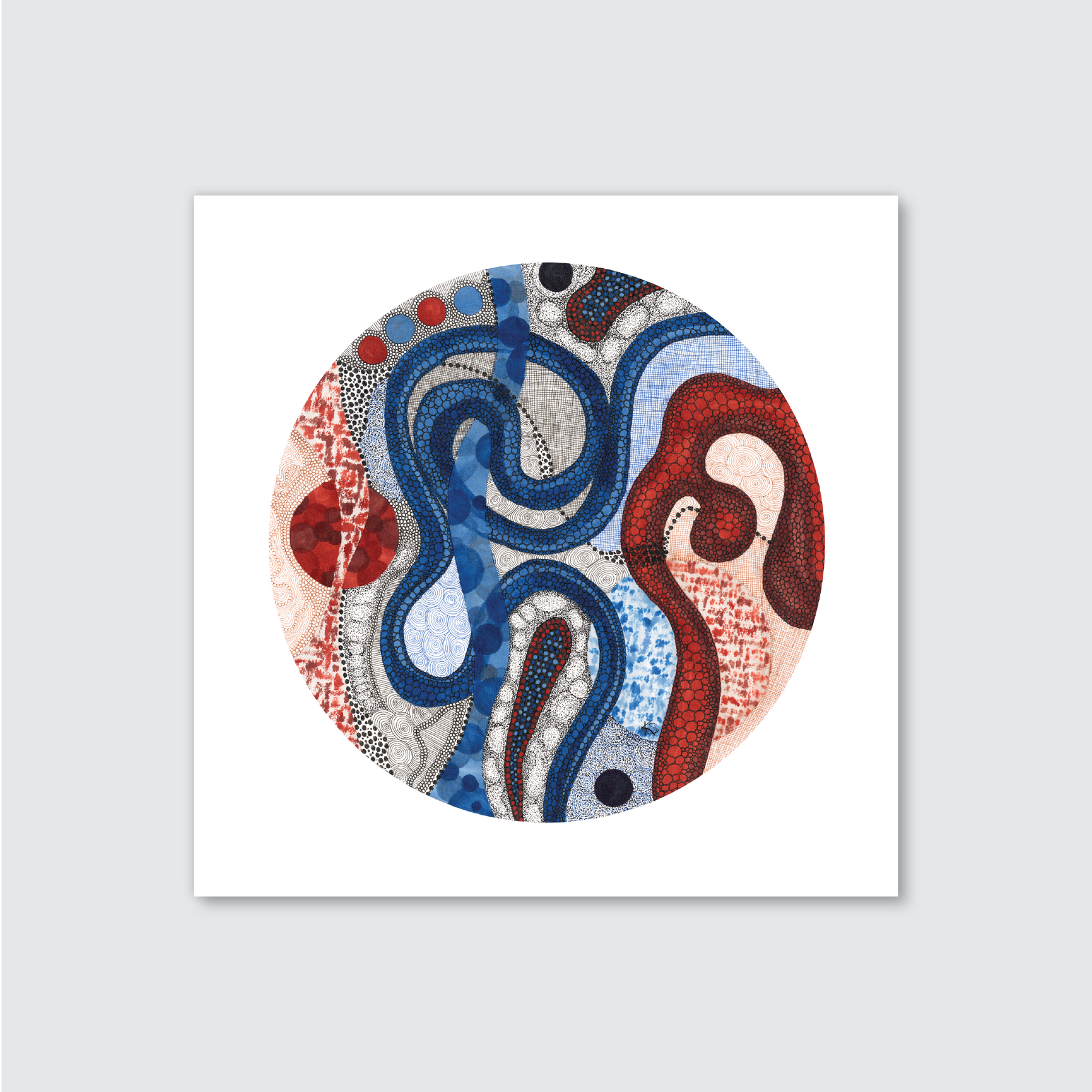 A circular abstract artwork with blue and red elements, featuring Fineline and alcohol marker styles on a matte art paper finish.
