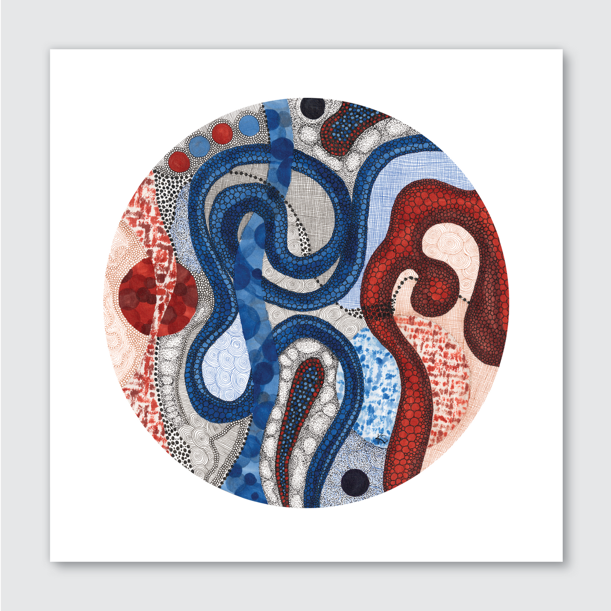 A circular abstract artwork with blue and red elements, featuring Fineline and alcohol marker styles on a matte art paper finish.