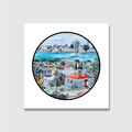 A hand-painted watercolour and ink artwork depicting a round composition of a urban landscape, featuring buildings and a body of water in the background.
