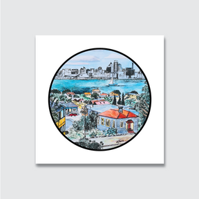 A hand-painted watercolour and ink artwork depicting a round composition of a urban landscape, featuring buildings and a body of water in the background.